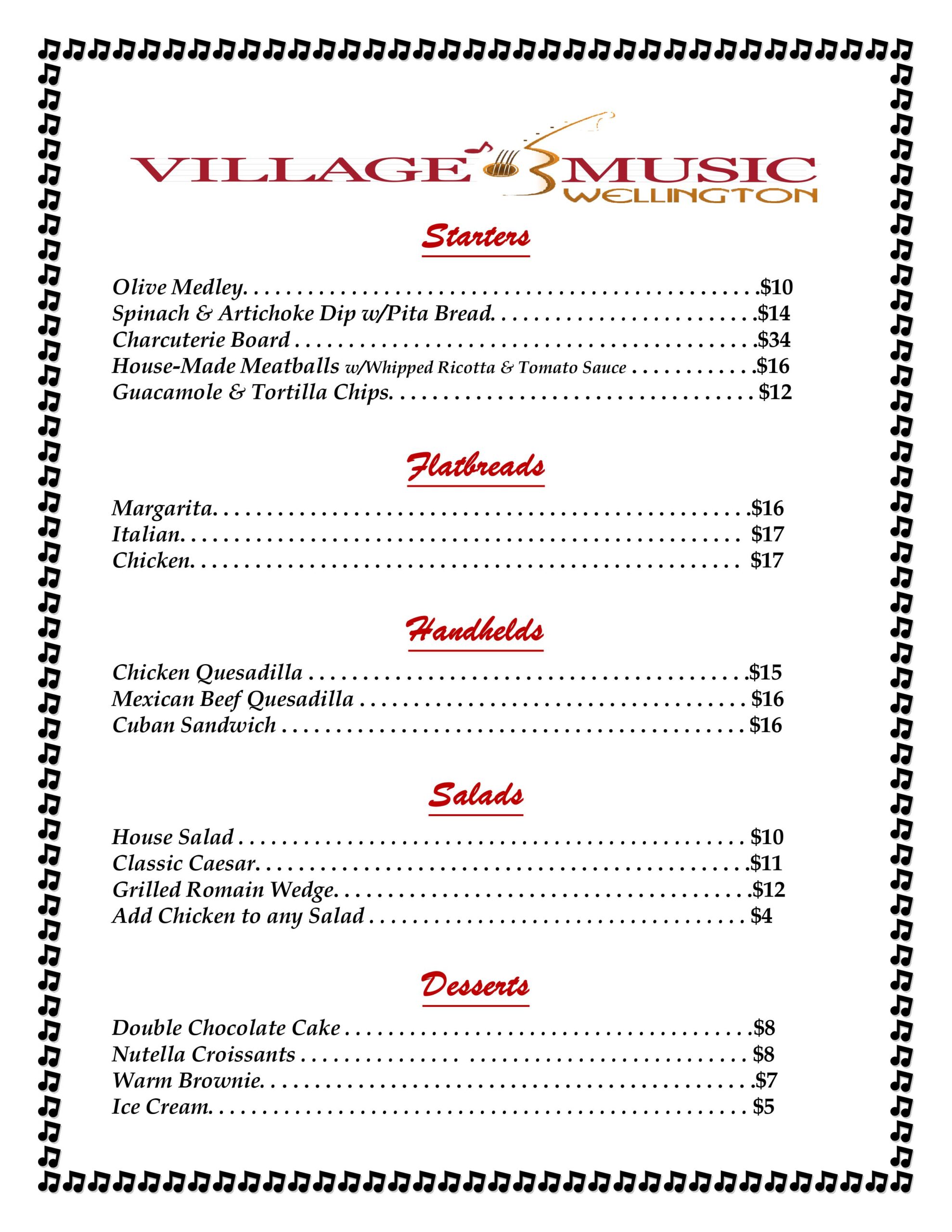 Village Music Cafe Dinner Menu